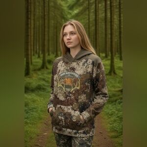 she outdoor apparel Women's Size Large Camo Fleece Hoodie Woods Thermal Hunting